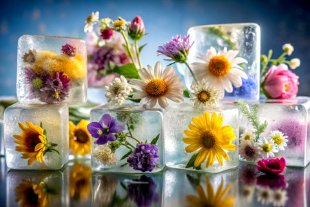 Flowers frozen in clear ice blocks for a modern abstract look.の写真素材