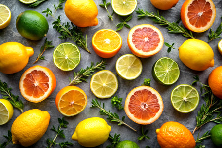 Different types of citrus fruit on grey background, flat lay. Space for textの写真素材