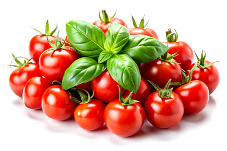 Tomatoes and basil Isolated on a white background.の写真素材