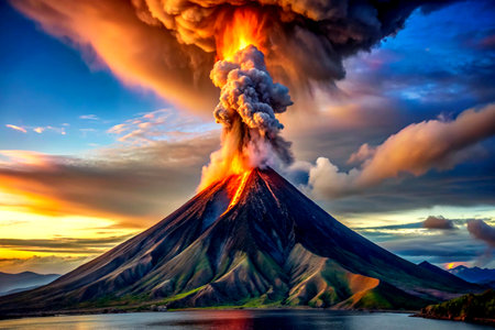 Volcanic eruption at Kamchatka Peninsula. Sunrise.の写真素材