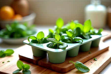 Mint leaves in a plastic container on a wooden cutting board.の写真素材