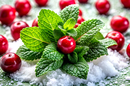 Mint, cranberries on the snow. Selective focus.の写真素材