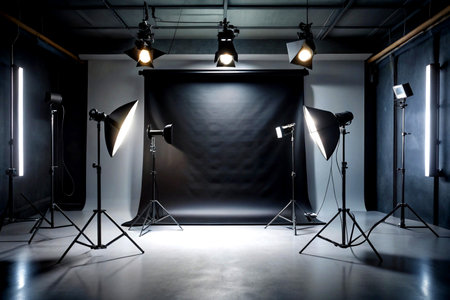 Photo studio interior with lighting equipment. 3D Rendering.の写真素材