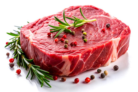 Raw steak with rosemary and peppercorns on a white background.の写真素材