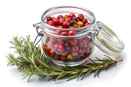 A glass container filled with vibrant dried rose hips sits beside fresh sprigs of thyme and rosemary, blending rich textures and earthy aromas in a rustic botanical arrangement.の写真素材