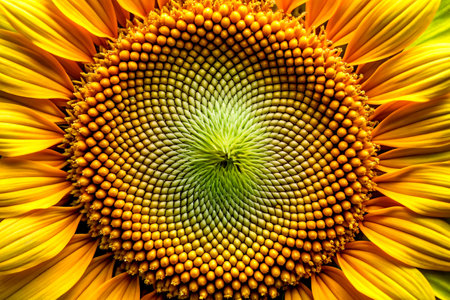 Close-Up of a Sunflower's Fibonacci Spirals â Nature's Perfect Pattern.の写真素材