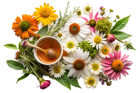 A Healing Flat Lay of Fresh Medicinal Plants â Echinacea, Chamomile, and Calendula.の写真素材