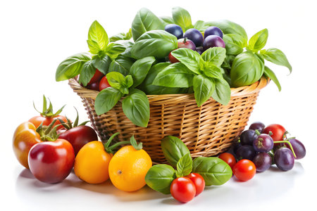 A wicker basket filled with fresh basil and oregano leaves alongside a colorful assortment of fruits, creating a lively and organic culinary display rich in texture and aroma.の写真素材