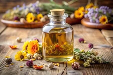 A glass bottle filled with homemade herbal oil sits on a rustic wooden surface, surrounded by delicate dried flowers, creating a serene and organic aesthetic rich in natural charm.の写真素材