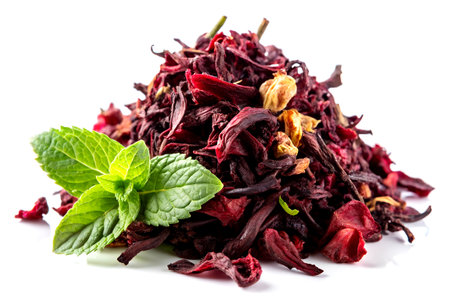A rich pile of deep red dried hibiscus flowers, accented by scattered fresh mint leaves a perfect harmony of vibrant colors, earthy textures, and aromatic appeal.の写真素材