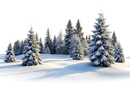 A tranquil winter scene featuring snow-covered evergreen trees isolated against a pristine white background, capturing the serene beauty of a snowy forest.の写真素材