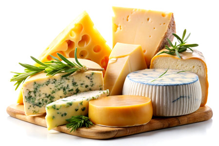 A colorful assortment of various cheeses, including blue cheese, hard cheese, and soft cheese, elegantly arranged on a wooden board and isolated against a clean white background.の写真素材