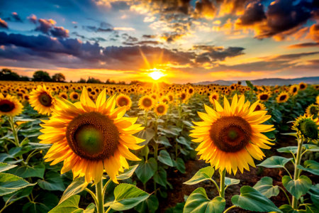 A breathtaking view of a large sunflower field with golden blooms all turning toward the vibrant, colorful sunset, creating a warm and serene atmosphere under a dramatic sky.の写真素材