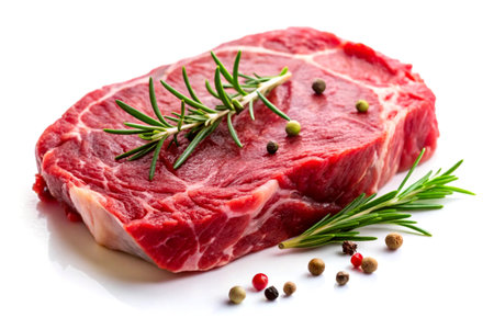 A fresh, marbled raw steak resting on a white background, highlighting the rich red color and intricate textures of the meat, complemented by fragrant rosemary and assorted peppercorns.の写真素材