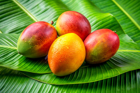 A vibrant arrangement of golden ripe mangoes resting on lush green banana leaves, capturing the essence of tropical freshness and natural beauty.の写真素材