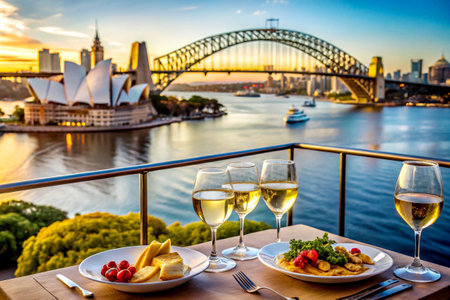 A luxurious dining experience featuring fine wine, gourmet food, and a breathtaking view of a famous city skyline at sunset, blending culinary delight with stunning scenery.の写真素材