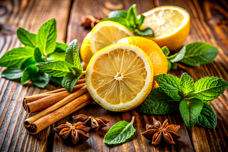 A vibrant display of fresh lemon slices, aromatic mint leaves, and cinnamon sticks scattered on a wooden table, accompanied by star anise, creating a visually appealing and fragrant composition.の写真素材