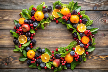A vibrant seasonal wreath composed of fresh berries, juicy oranges, and lush green leaves, embodying the spirit of nature and celebration.の写真素材