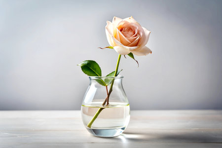 A single rose stem floats gracefully in a clear glass vase, embodying simplicity and refined beauty with a clean, minimalist aesthetic.の写真素材