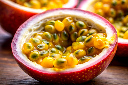 A close-up of a halved passionfruit reveals glistening seeds nestled within rich yellow pulp, showcasing its tropical vibrancy and fresh appeal.の写真素材