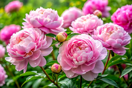 Soft pink peonies glisten with fresh raindrops in a lush garden, radiating tranquility and natural beauty.の写真素材