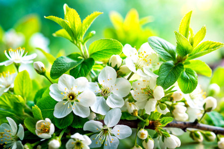 A vibrant display of spring blooms featuring delicate white flowers interspersed with soft green herbal leaves, creating a refreshing and lively scene.の写真素材