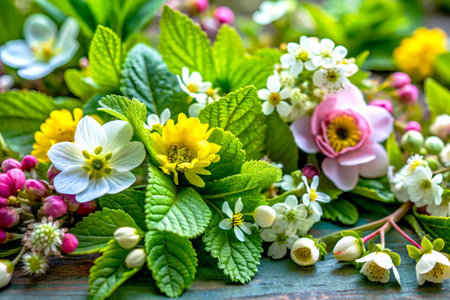 A vivid display of spring flowers, including white, yellow, and pink blooms, interspersed with lush green herbal leaves, creating a fresh and lively composition.の写真素材