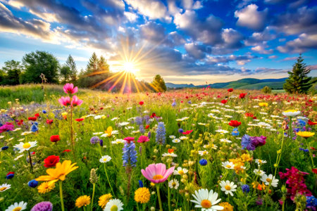 A picturesque spring meadow brimming with a variety of colorful wildflowers, bathed in the soft, golden rays of the setting sun, creating a serene and captivating landscape.の写真素材