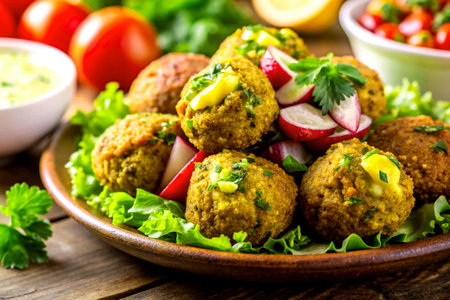 A vibrant, close-up image of crispy golden-brown vegetable falafel balls served on a bed of fresh greens and garnished with herbs and sliced radishes, showcasing texture and freshness.の写真素材