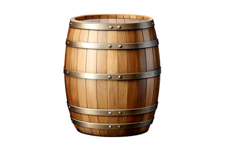 A traditional wooden barrel isolated on a clean white background, highlighting its rustic texture and craftsmanship.の写真素材