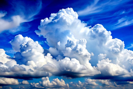A serene view of cumulus clouds scattered across a vibrant blue sky, capturing the beauty of a clear day.の写真素材