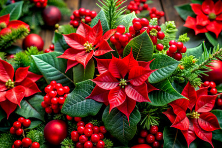 A vibrant Christmas-themed composition featuring vivid red poinsettias, holly berries, and lush greenery, evoking holiday cheer and warmth.の写真素材