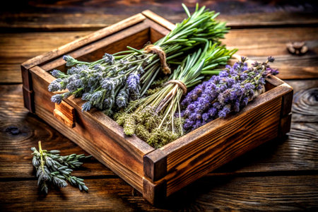A charming display of fresh lavender arranged in a wooden box, set against a rustic background that highlights its natural beauty and calming essence.の写真素材