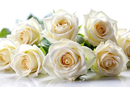 A delicate close-up of beautiful white roses set against a seamless white background, capturing purity and elegance.の写真素材