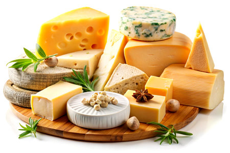A variety of gourmet cheeses beautifully arranged on a rustic wooden board, isolated on a clean white background.の写真素材