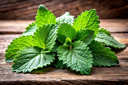 Fresh Mint Leaves Close-Up on Rustic Wooden Table.の写真素材