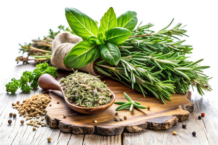Herbs and spices on a wooden background. Selective focus.の写真素材