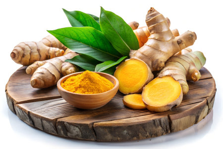 Turmeric, mint and turmeric powder on a white background.の写真素材