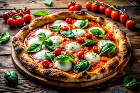 Italian Pizza with Mozzarella, Tomatoes, and Basil on Wooden Backgroundの写真素材