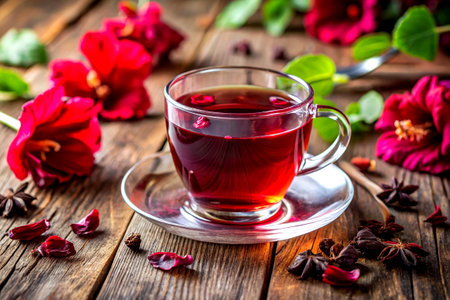 Hibiscus Tea in Glass Cup on Wooden Surfaceの写真素材