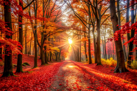 Sunset in the autumn forest. The path through the autumn forest.の写真素材