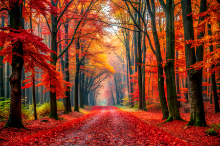 Autumn forest road in the fog. Beautiful nature scene with red leaves.の写真素材