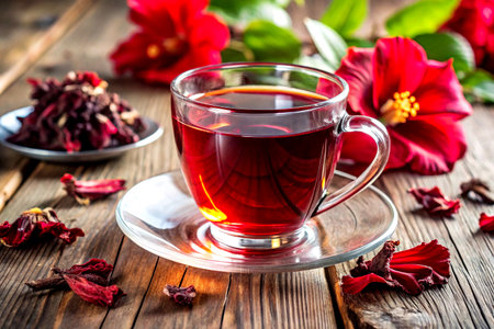 Red Hibiscus Tea in Glass Cup on Wooden Table.の写真素材