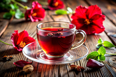 Vibrant Hibiscus Tea on Wooden Table â Refreshing Herbal Drink Stock Photoの写真素材