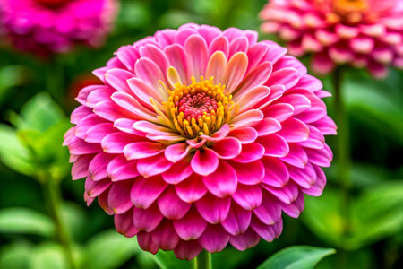 Summerâs Delight: A Vibrant Pink Zinnia Blooming in Golden Sunlightの写真素材