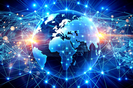 Global Digital Revolution: Futuristic Internet Concept with 3D Globe, Wi-Fi Rays & Tech Network Connectionsの写真素材