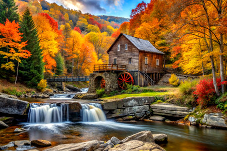 Rustic Charm: Water Mill & Wheel at Babcock State Park in Autumn Splendor
