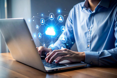 Cloud computing technology and internet networking concept. Businessman working on laptop computer.