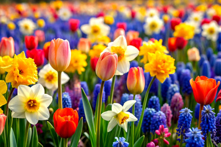 Vibrant Tulips, Daffodils, and Hyacinths Blooming in a Spring Gardenの写真素材
