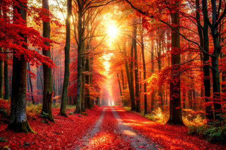 Sunlit Autumn Road Through a Forest with Golden Rays Filtering Through Treesの写真素材